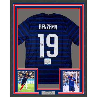 Framed signed Karim Benzema France blue soccer jersey with Beckett COA