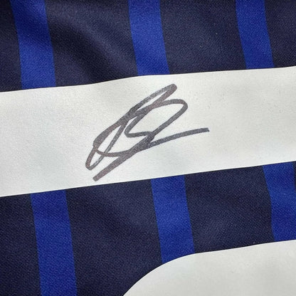 Framed signed Karim Benzema France blue jersey with black ink signature on stitched label
