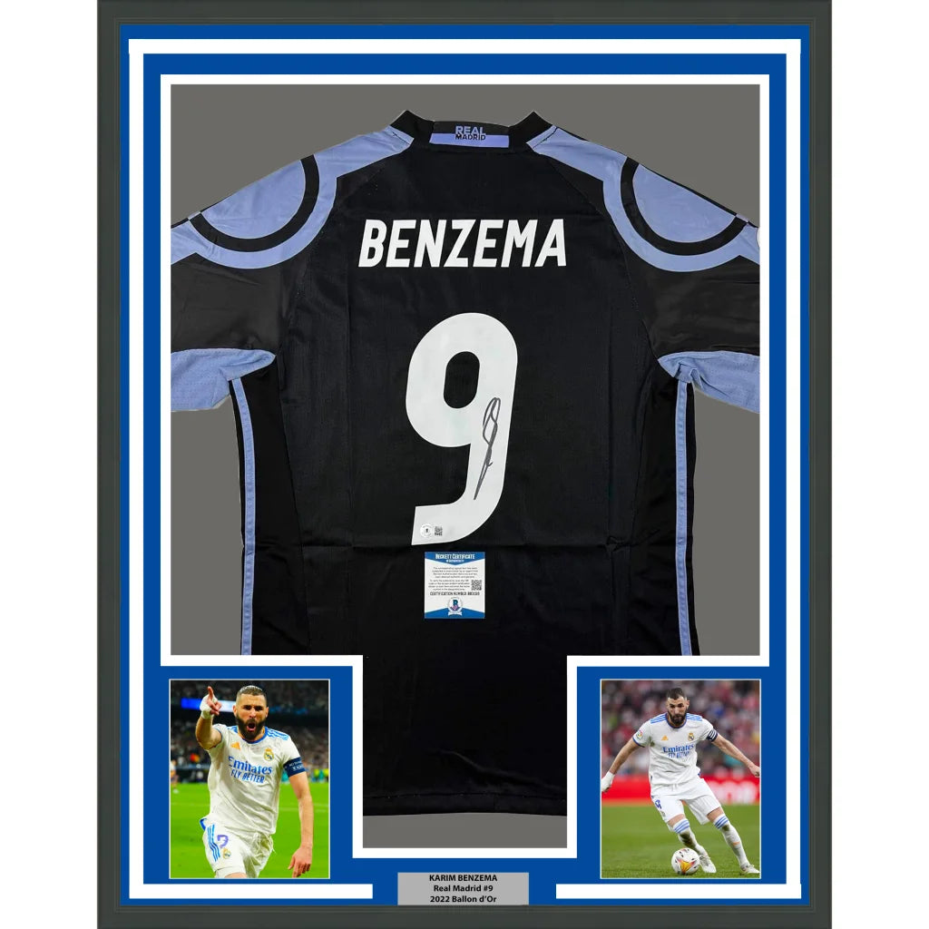 Framed Autographed Karim Benzema 35x39 Real Madrid 2016-17 Black Soccer Jersey Beckett BAS COA | Hall of Fame Sports Memorabilia | vintageantiquesgifts.com