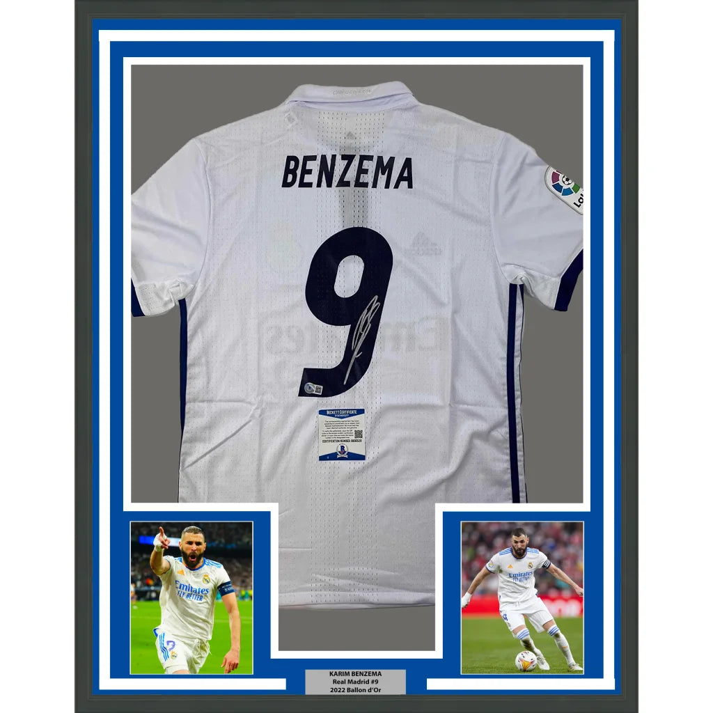 Framed and autographed Karim Benzema Real Madrid jersey with photos on display