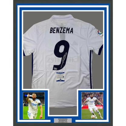 Framed and autographed Karim Benzema Real Madrid jersey with photos on display