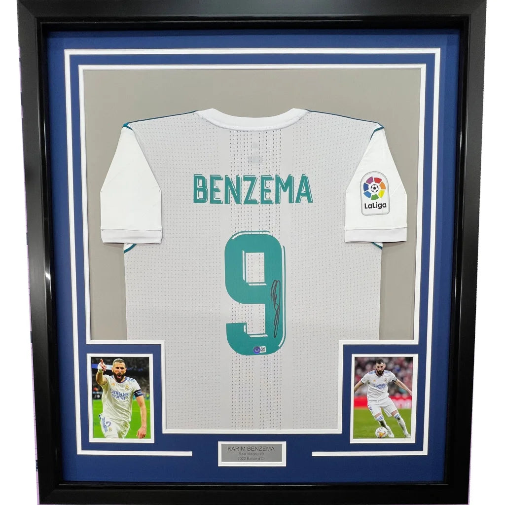 Framed Karim Benzema Real Madrid autographed jersey with La Liga patch and photos