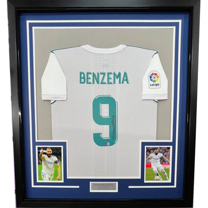 Framed signed Karim Benzema Real Madrid 2017-18 white jersey with LaLiga patch