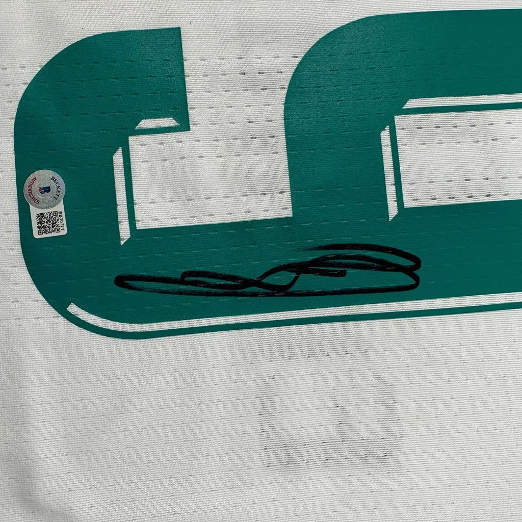 Framed autographed Karim Benzema Real Madrid 2017-18 white jersey with green lettering