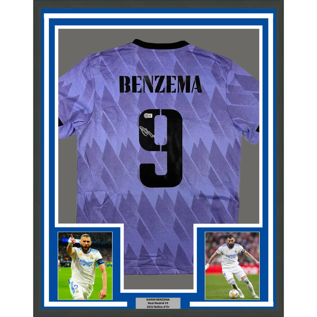 Framed Autographed Karim Benzema 35x39 Real Madrid 2022-23 Purple Soccer Jersey Beckett BAS COA | Hall of Fame Sports Memorabilia | vintageantiquesgifts.com