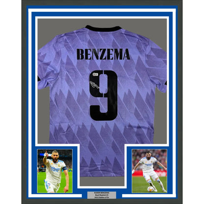 Framed Autographed Karim Benzema 35x39 Real Madrid 2022-23 Purple Soccer Jersey Beckett BAS COA | Hall of Fame Sports Memorabilia | vintageantiquesgifts.com