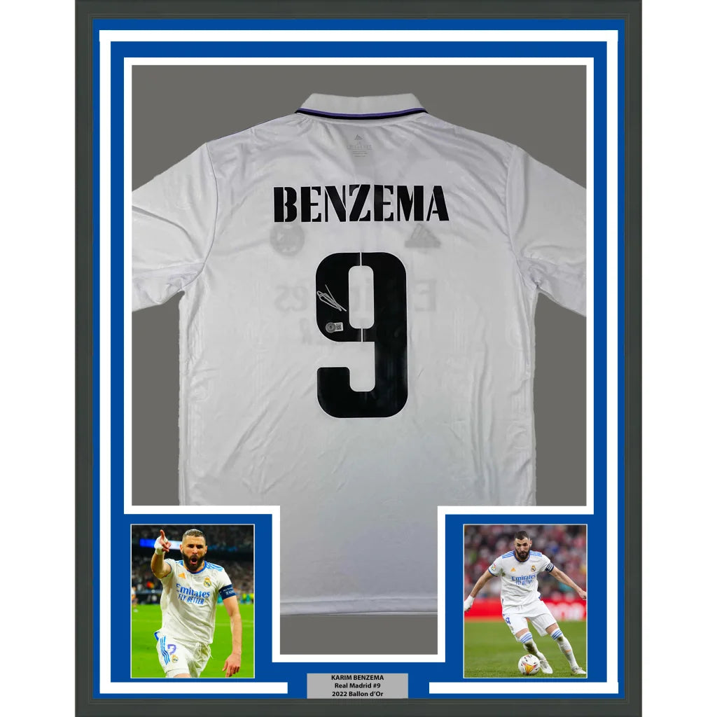 Framed Autographed Karim Benzema 35x39 Real Madrid 2022-23 White Soccer Jersey Beckett BAS COA | Hall of Fame Sports Memorabilia | vintageantiquesgifts.com