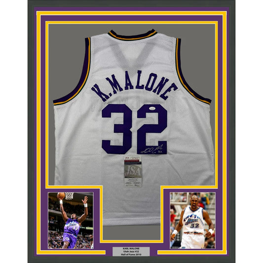 Framed Autographed Karl Malone 35x39 Utah White Retro Basketball Jersey JSA COA | Hall of Fame Sports Memorabilia | vintageantiquesgifts.com