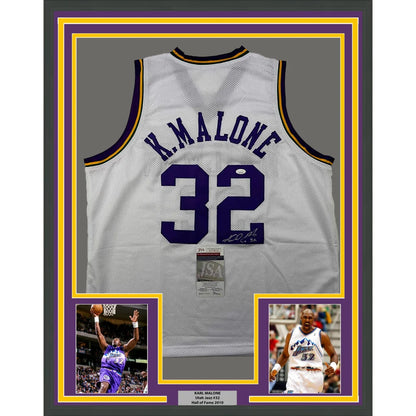 Framed and autographed Karl Malone Utah Jazz #32 jersey with player photos for display