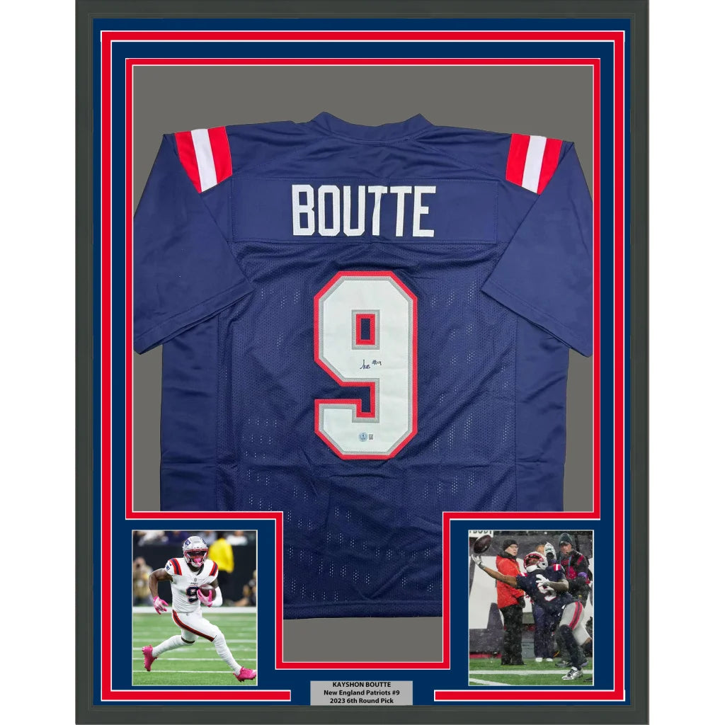 Framed Autographed Kayshon Boutte 35x39 New England Blue Football Jersey Beckett BAS COA | Hall of Fame Sports Memorabilia | vintageantiquesgifts.com