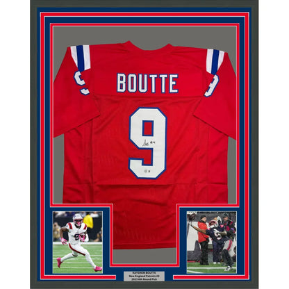Framed Autographed Kayshon Boutte 35x39 New England Red Football Jersey Beckett BAS COA | Hall of Fame Sports Memorabilia | vintageantiquesgifts.com