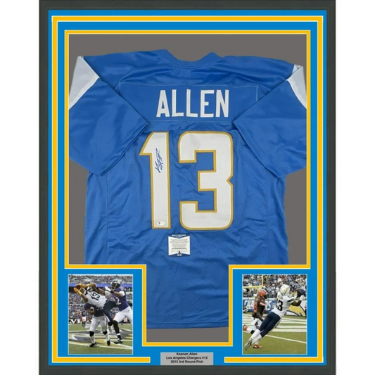 Framed autographed Keenan Allen powder blue LA Chargers jersey back, #13