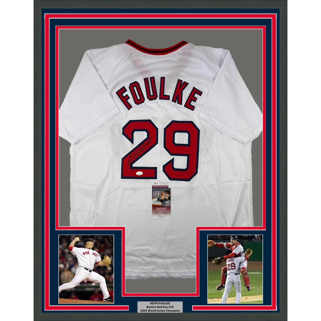 Framed autographed Baseball Jersey with action photos for display and collection