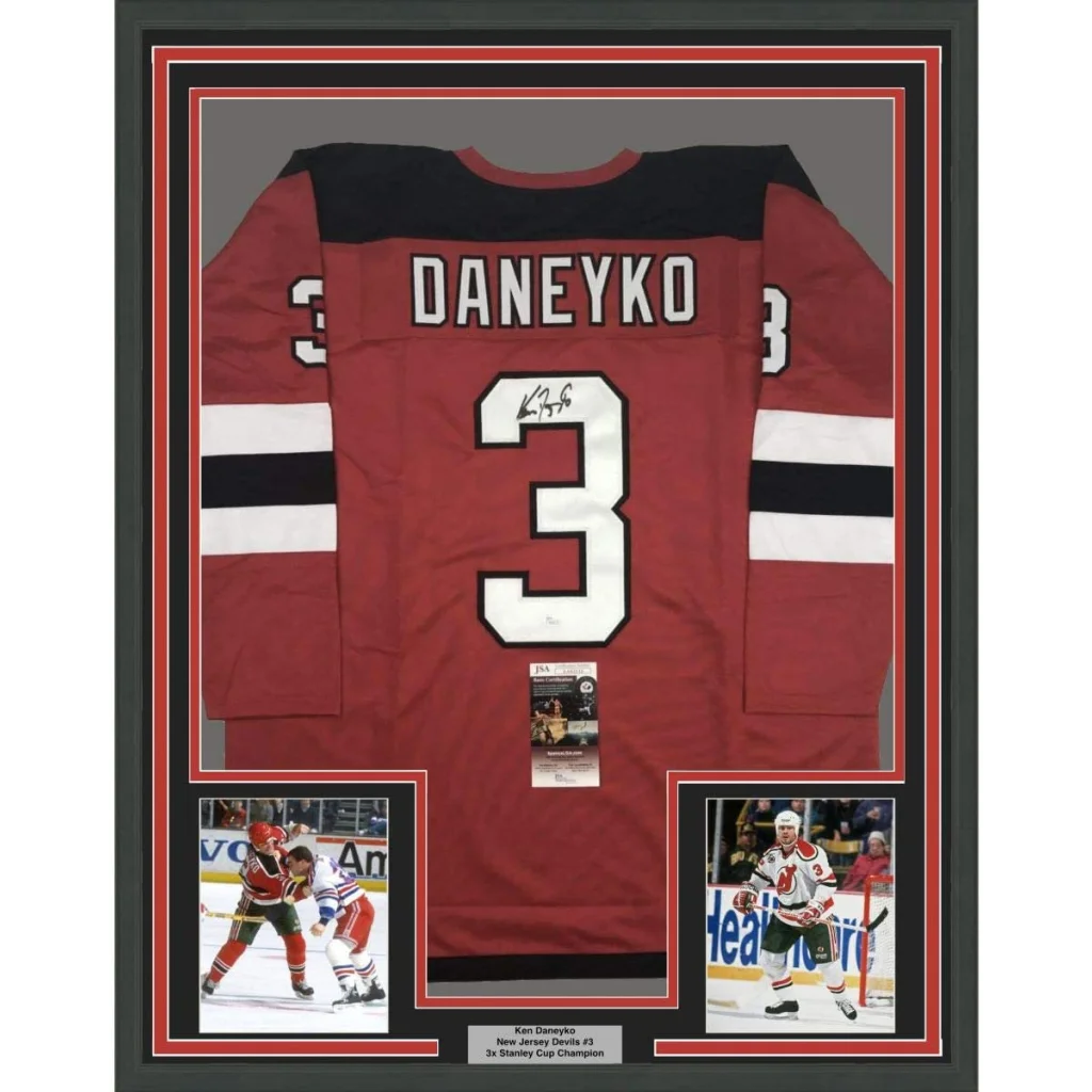 Framed signed red black New Jersey Devils Daneyko #3 jersey back JSA COA
