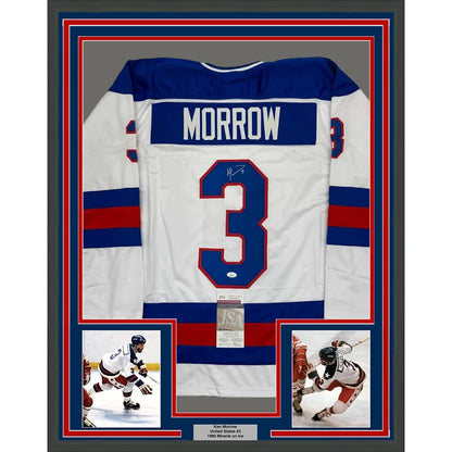 Framed and autographed Ken Morrow White Hockey Jersey Olympic Gold Winner display