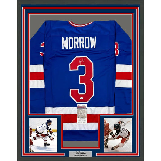 Framed Ken Morrow signed blue hockey jersey with JSA COA perfect for your man cave