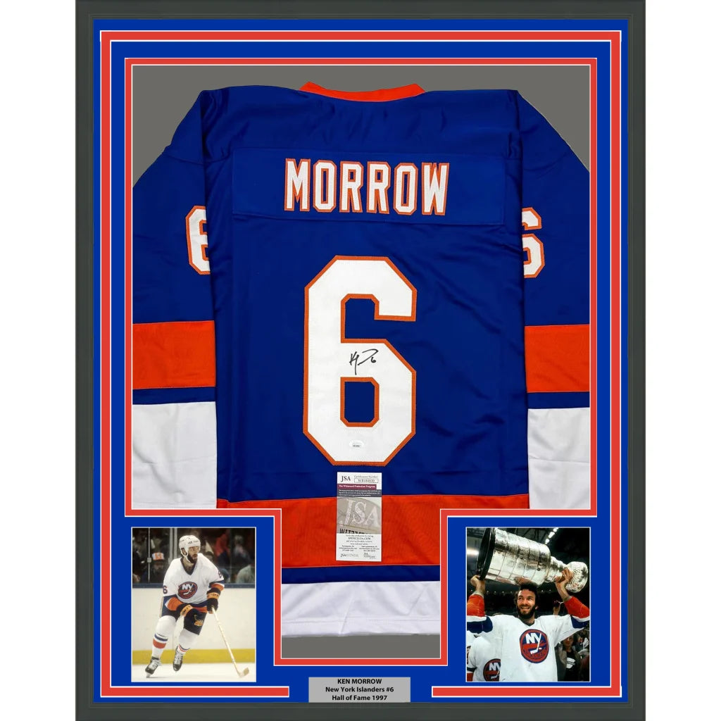 Framed signed New York Islanders Ken Morrow #6 jersey with commemorative photos for display