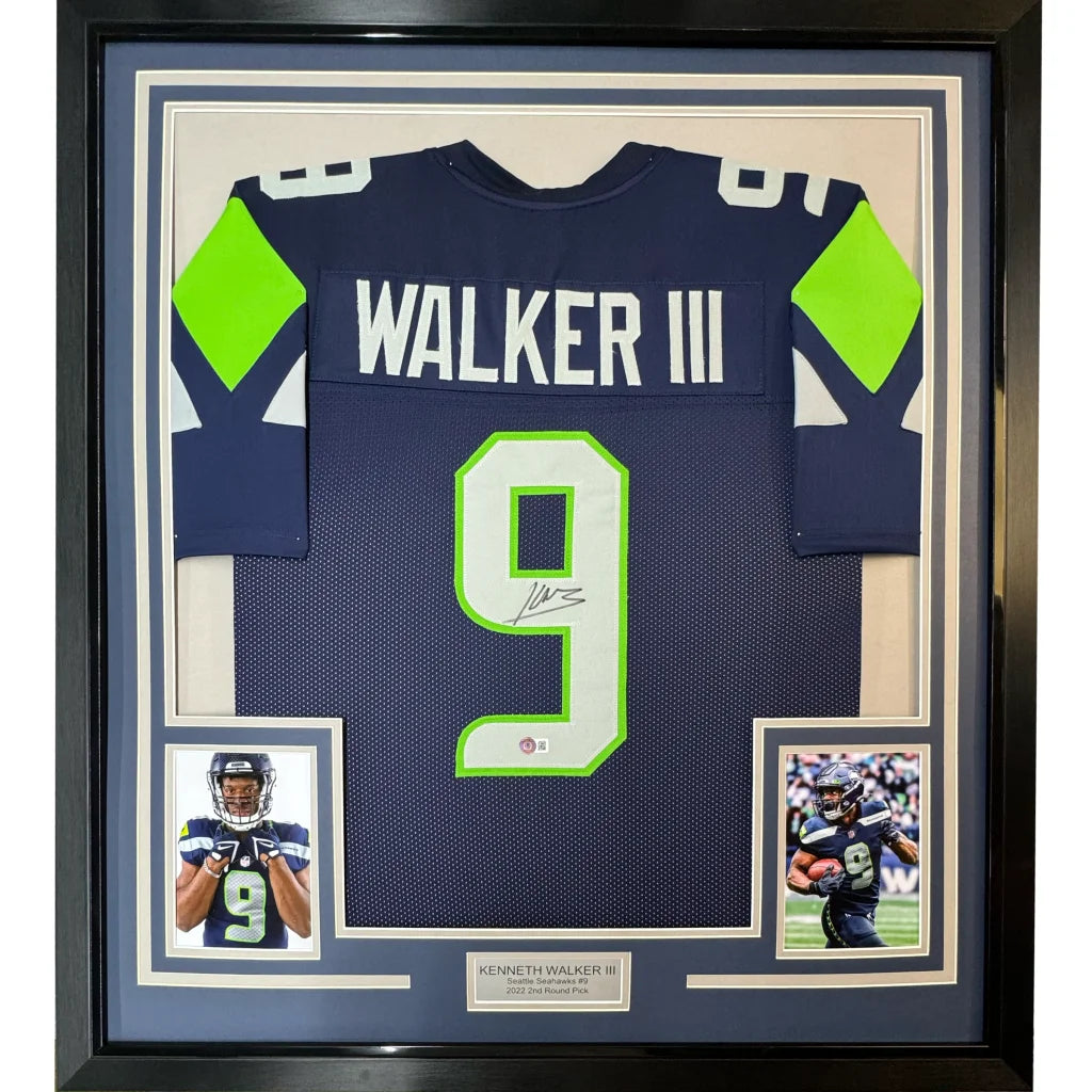 Framed Kenneth Walker III Seattle Seahawks autographed football jersey for your man cave