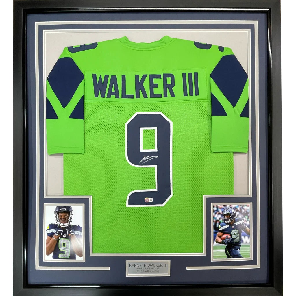 Bright green Walker III autographed football jersey with player photos for wall display