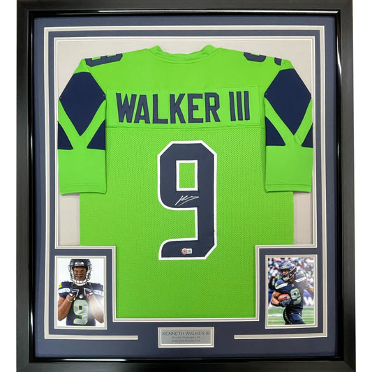Bright green Walker III autographed football jersey with player photos for wall display