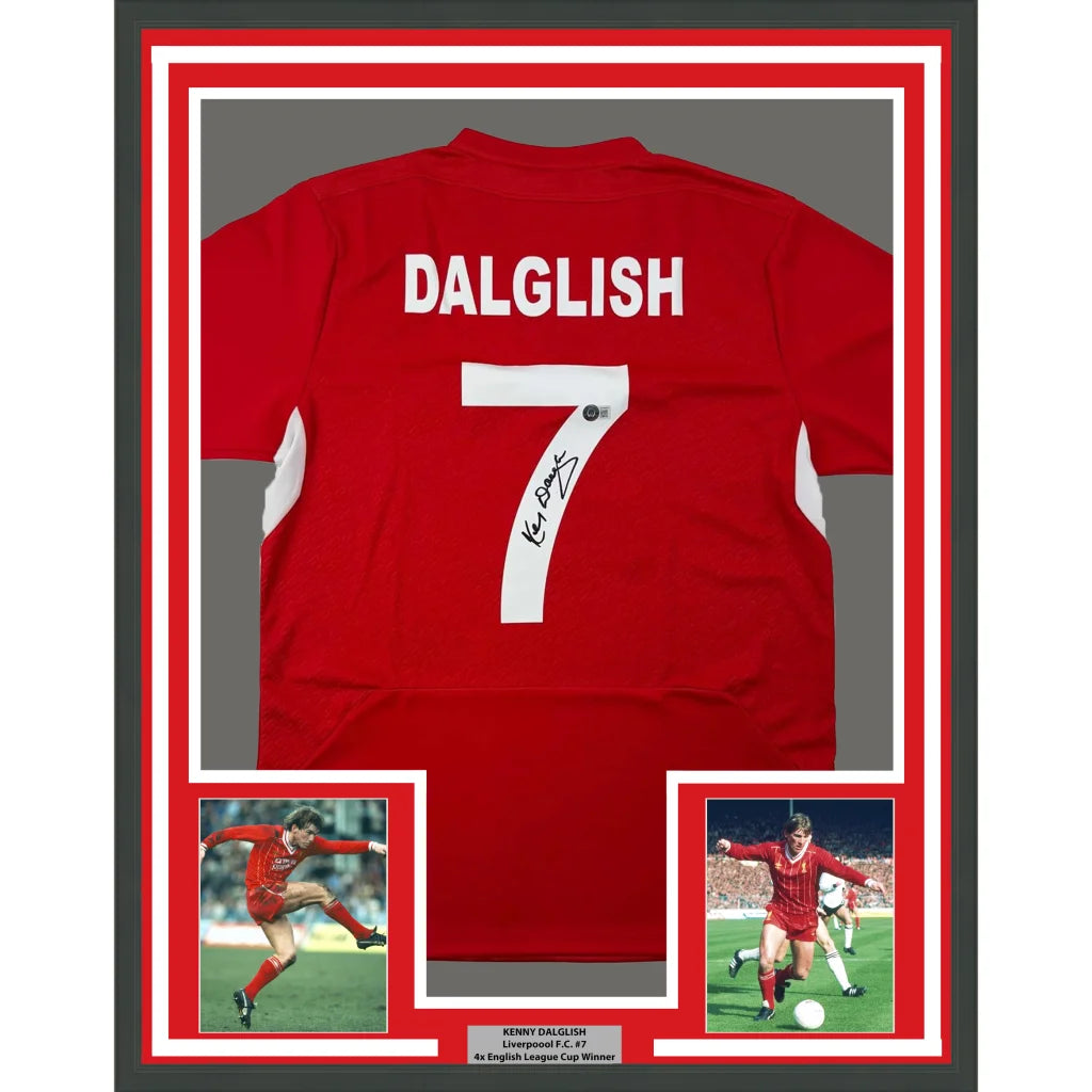 Framed signed Kenny Dalglish Liverpool FC red jersey with number 7, Beckett COA