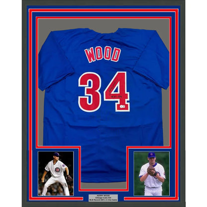 Framed Autographed Kerry Wood 98 ROY 35x39 Chicago Blue Baseball Jersey Beckett BAS COA | Hall of Fame Sports Memorabilia | vintageantiquesgifts.com