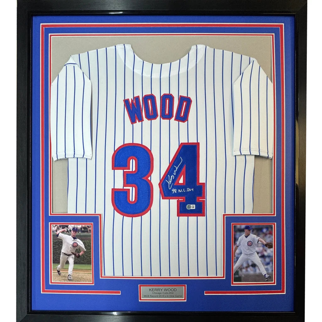 Framed Autographed Kerry Wood 98 ROY 35x39 Chicago Pinstripe Baseball Jersey Beckett BAS COA | Hall of Fame Sports Memorabilia | vintageantiquesgifts.com