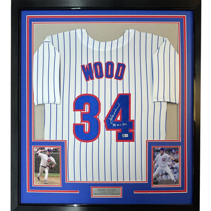 Framed Autographed Kerry Wood 98 ROY 35x39 Chicago Pinstripe Baseball Jersey Beckett BAS COA | Hall of Fame Sports Memorabilia | vintageantiquesgifts.com