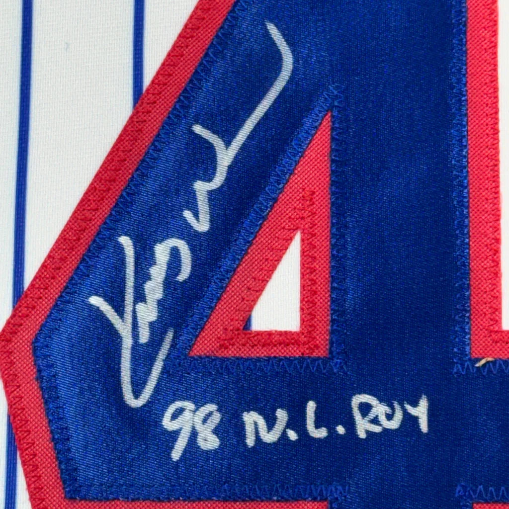 Framed Autographed Kerry Wood 98 ROY 35x39 Chicago Pinstripe Baseball Jersey Beckett BAS COA | Certified Authentic Signed Memorabilia | vintageantiquesgifts.com