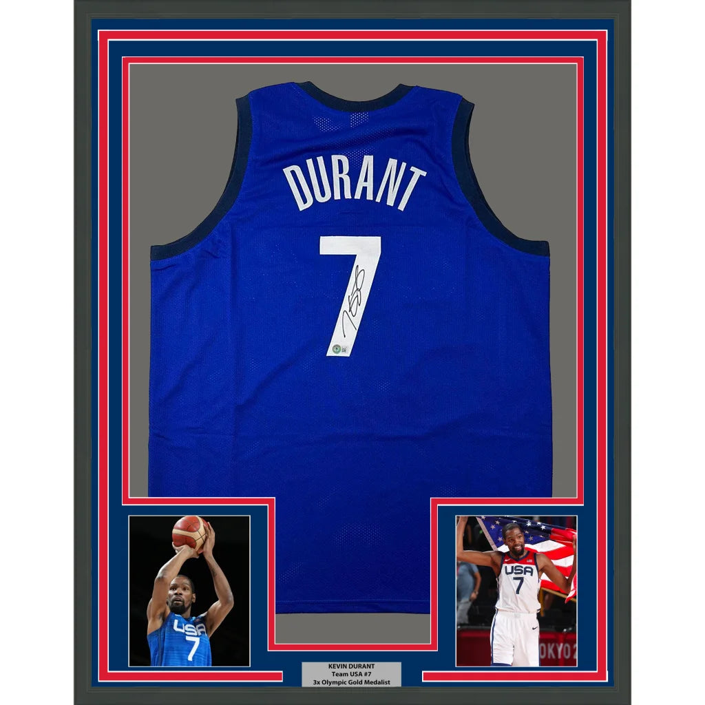 Framed Autographed Kevin Durant 35x39 United States USA Olympics Blue Basketball Jersey Beckett BAS COA | Hall of Fame Sports Memorabilia | vintageantiquesgifts.com