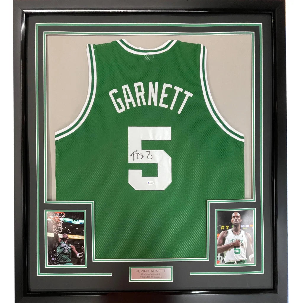 Framed autographed green boston celtics basketball jersey with white number 5 signed by kevin garnett with coa