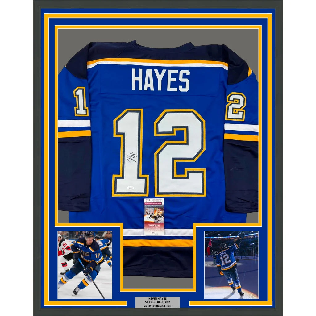 Framed Autographed Kevin Hayes 35x39 St. Louis Blue Hockey Jersey JSA COA | Hall of Fame Sports Memorabilia | vintageantiquesgifts.com