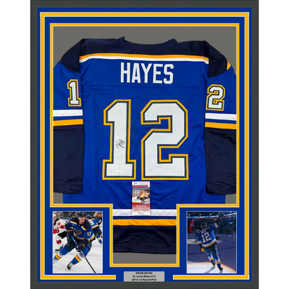 Framed Autographed Kevin Hayes 35x39 St. Louis Blue Hockey Jersey JSA COA | Hall of Fame Sports Memorabilia | vintageantiquesgifts.com