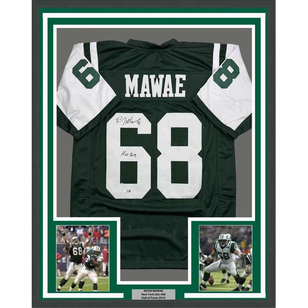 Framed autographed Kevin Mawae green New York Jets jersey number 68 HOF Beckett COA