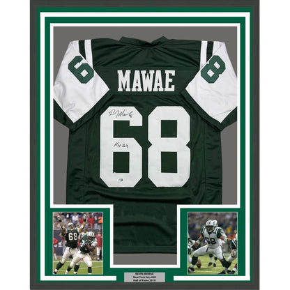 Framed autographed Kevin Mawae green New York Jets jersey number 68 HOF Beckett COA