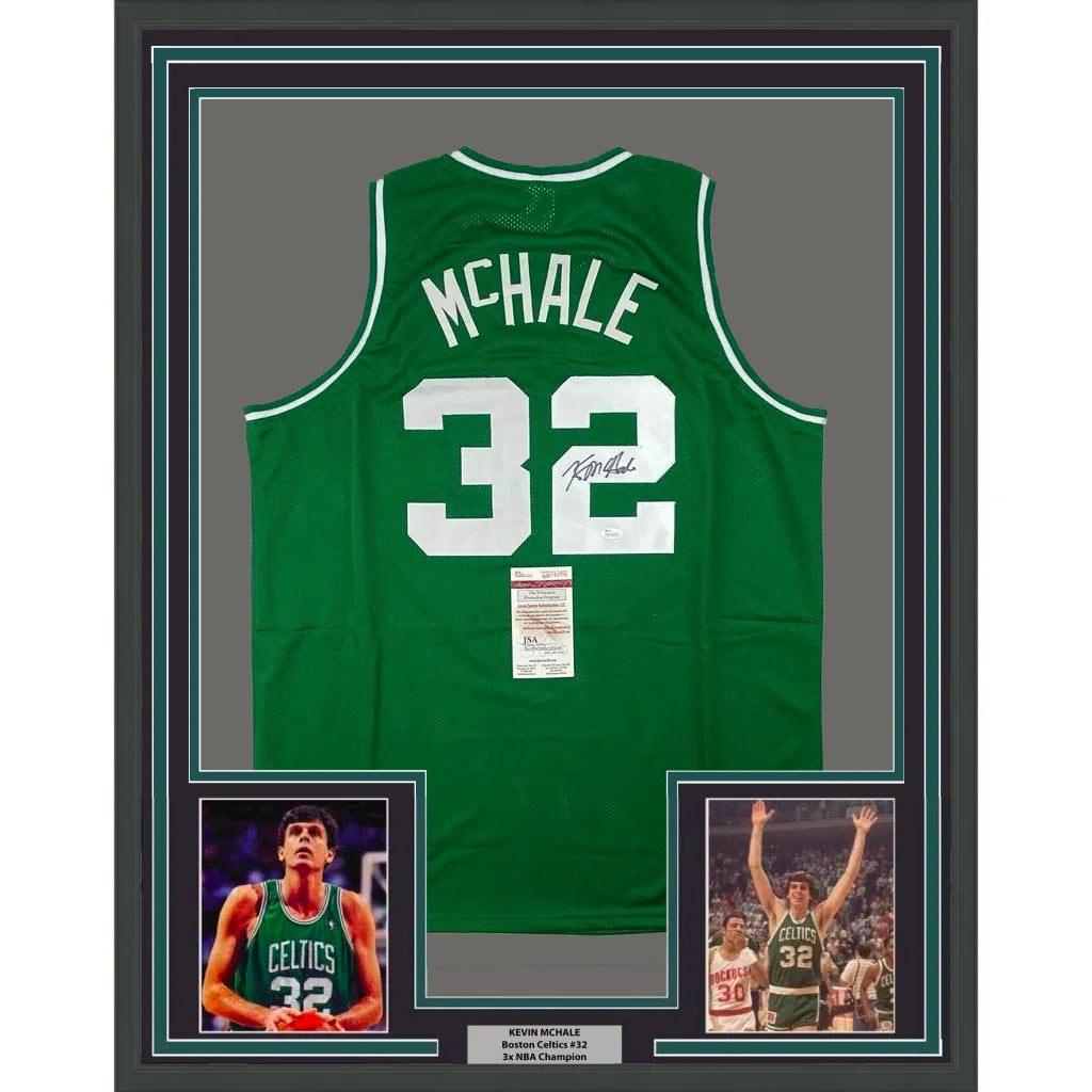 Framed Autographed Kevin McHale 35x39 Boston Green Basketball Jersey JSA COA | Hall of Fame Sports Memorabilia | vintageantiquesgifts.com