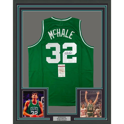 Framed Autographed Kevin McHale 35x39 Boston Green Basketball Jersey JSA COA | Hall of Fame Sports Memorabilia | vintageantiquesgifts.com