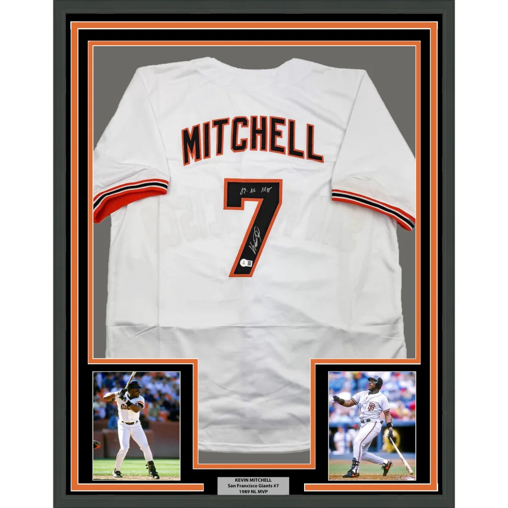 Framed autographed white san francisco baseball jersey with orange and black mitchell 7 lettering signed by kevin mitchell