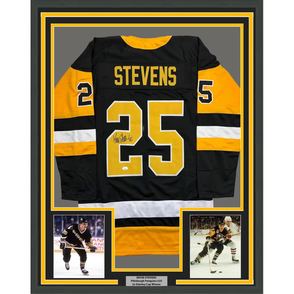 Framed Autographed Kevin Stevens 35x39 Pittsburgh Black Hockey Jersey JSA COA | Hall of Fame Sports Memorabilia | vintageantiquesgifts.com