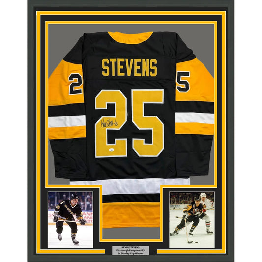Framed Autographed Kevin Stevens 35x39 Pittsburgh Black Hockey Jersey JSA COA | Hall of Fame Sports Memorabilia | vintageantiquesgifts.com