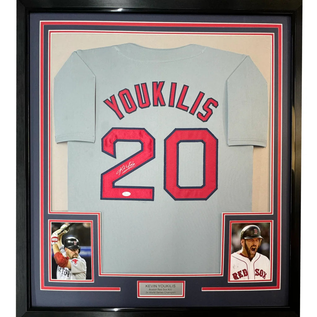 Framed autographed gray Boston Red Sox Kevin Youkilis jersey with number 20
