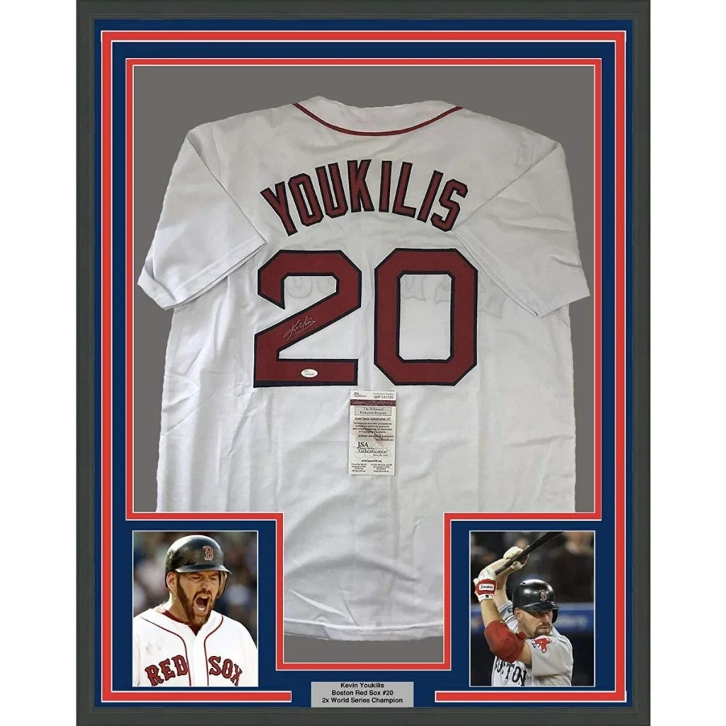 Framed signed Kevin Youkilis white Red Sox jersey with number 20, JSA COA