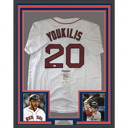 Framed signed Kevin Youkilis white Red Sox jersey with number 20, JSA COA