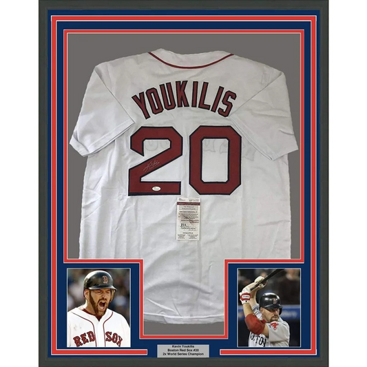 Framed signed Kevin Youkilis white Red Sox jersey with number 20, JSA COA