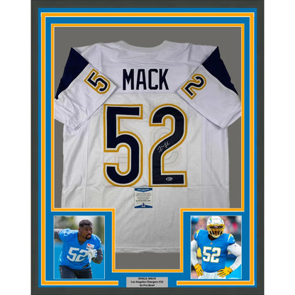 Framed Khalil Mack Chargers jersey with autograph, perfect for your man cave decor