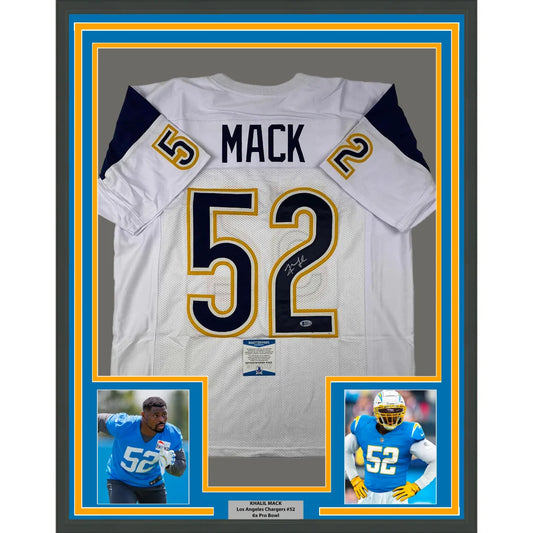 Framed Khalil Mack Chargers jersey with autograph, perfect for your man cave decor