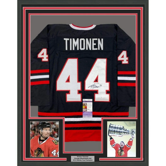 Framed Kimmo Timonen signed Blackhawks jersey #44 with bonus photos for fans