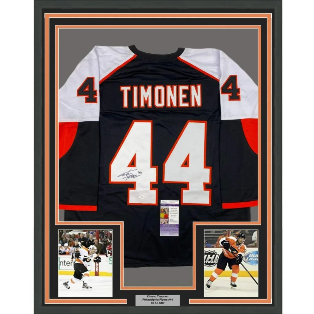 Professionally framed Philadelphia black hockey jersey with Kimmo Timonen autograph for man cave