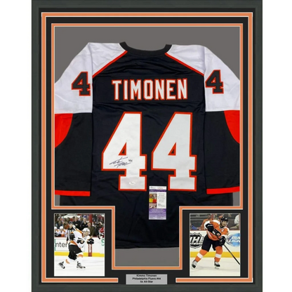 Professionally framed Philadelphia black hockey jersey with Kimmo Timonen autograph for man cave