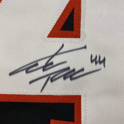 Framed autographed Kimmo Timonen Philadelphia Flyers jersey with black signature on white fabric and orange-black trim